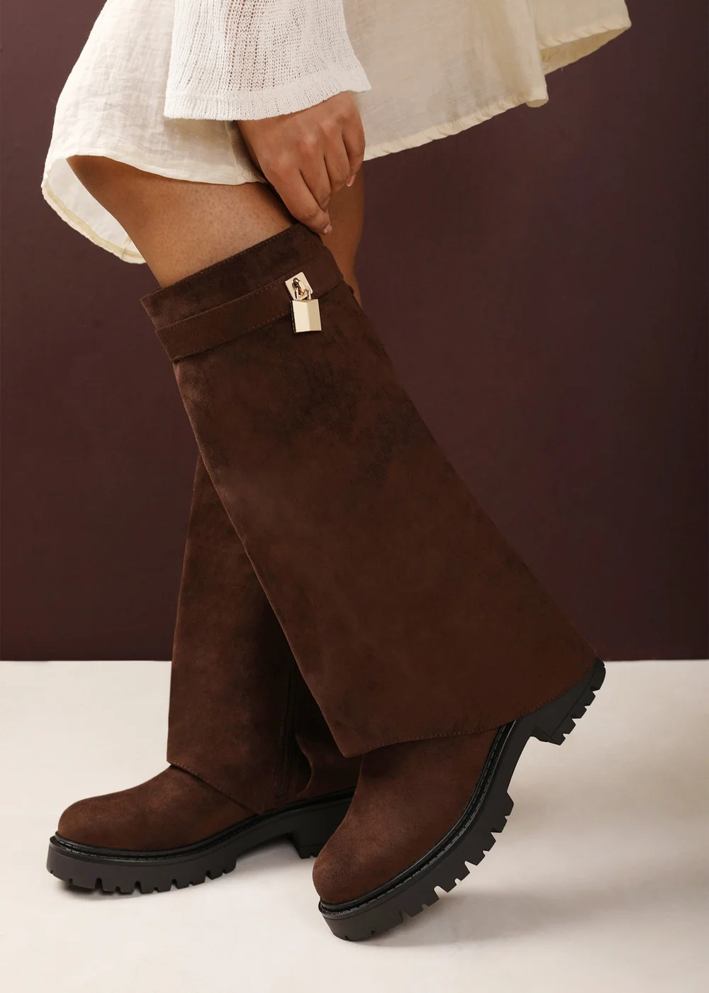 Where's That From Brescia Fold-Over Knee-High Chunky-Sole Brown Faux Suede Boots - 6 Image 2
