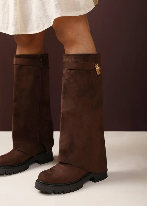 Where's That From Brescia Fold-Over Knee-High Chunky-Sole Brown Faux Suede Boots - 6 Image 1