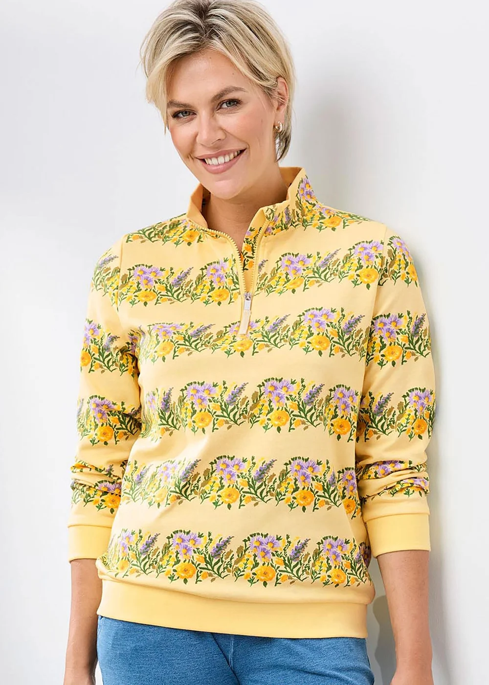 Cotton Traders Lemon Pale Yellow Printed Zip Neck Sweatshirt - 14 Image 2