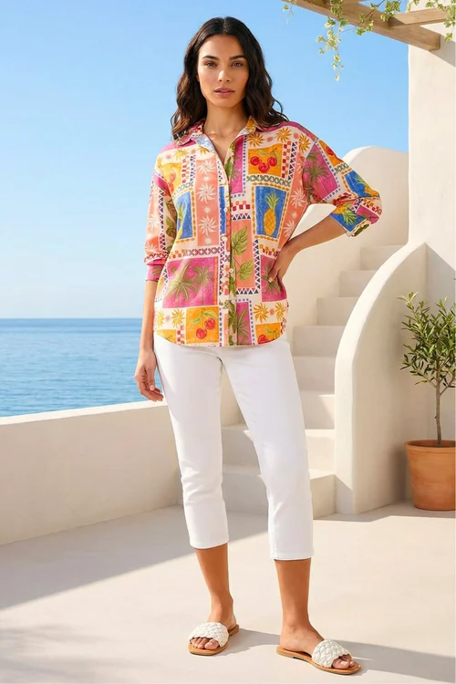 Roman Orange Tropical Print Cotton Shirt - 14 Image 2