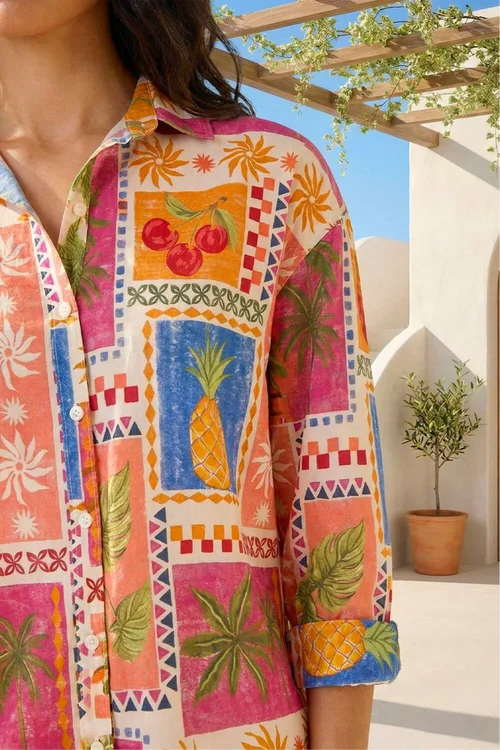 Roman Orange Tropical Print Cotton Shirt - 14 Image 4