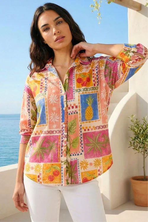 Roman Orange Tropical Print Cotton Shirt - 14 Image 1