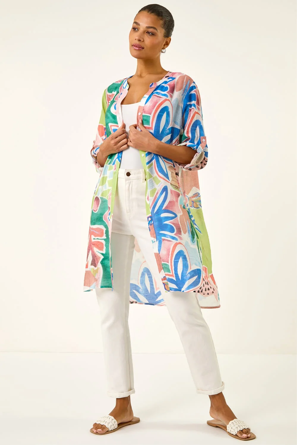 Roman Peach Abstract Print Button Longline Blouse - 10 Image 2