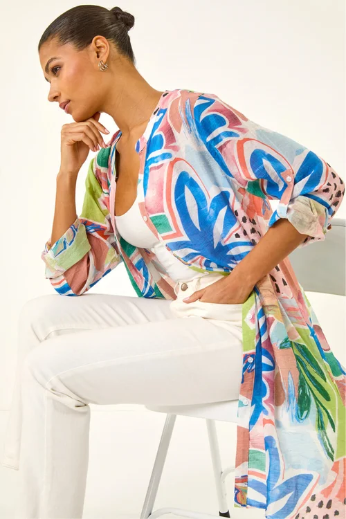 Roman Peach Abstract Print Button Longline Blouse - 10 Image 1