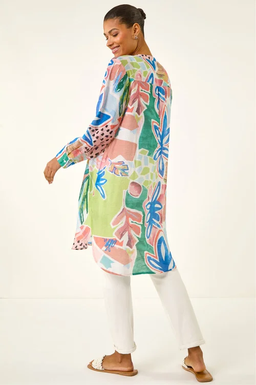 Roman Peach Abstract Print Button Longline Blouse - 10 Image 3