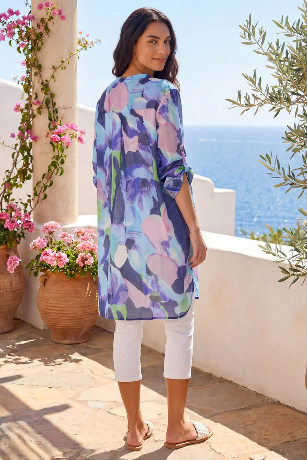 Roman Purple Abstract Print Button Up Longline Blouse - 12 Image 3