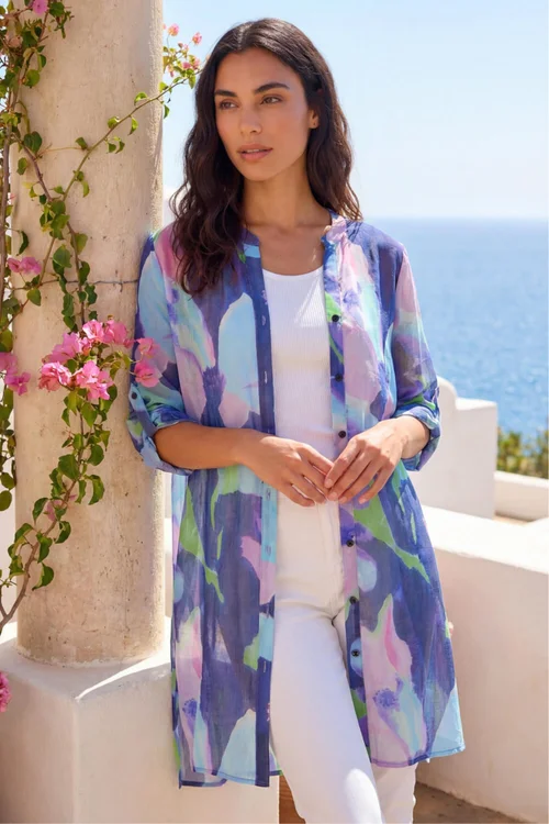 Roman Purple Abstract Print Button Up Longline Blouse - 12 Image 2