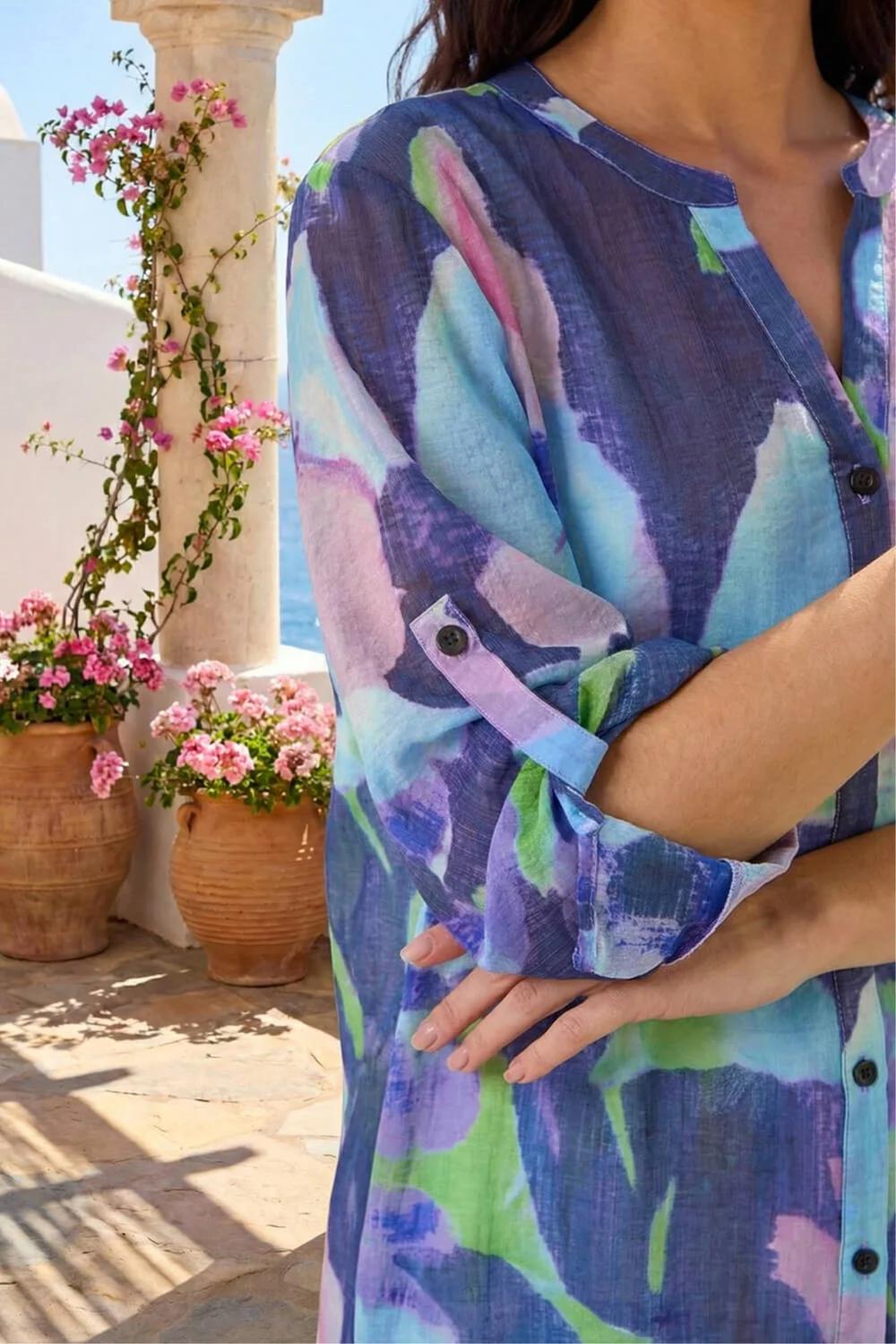 Roman Purple Abstract Print Button Up Longline Blouse - 12 Image 4