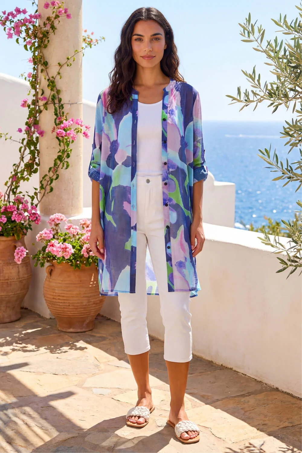 Roman Purple Abstract Print Button Up Longline Blouse - 12 Image 1