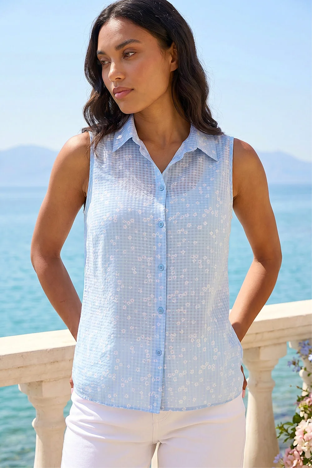 Roman Light Blue Ditsy Floral Sleeveless Blouse - 10 Image 1