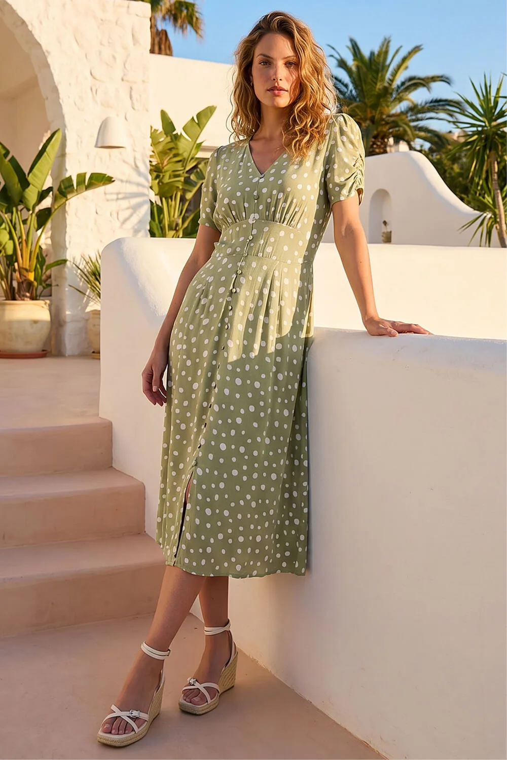 Roman Sage Polka Dot Ruched Sleeve Midi Dress - 18 Image 2