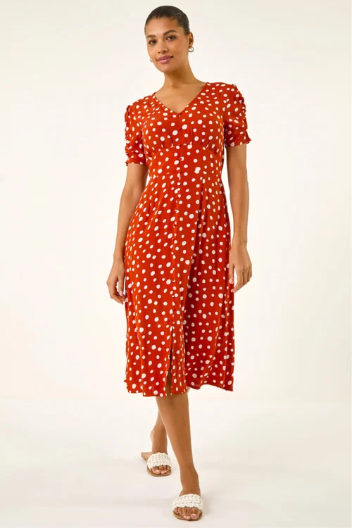 Roman Dark Orange Polka Dot Ruched Sleeve Midi Dress - 10 Image 3