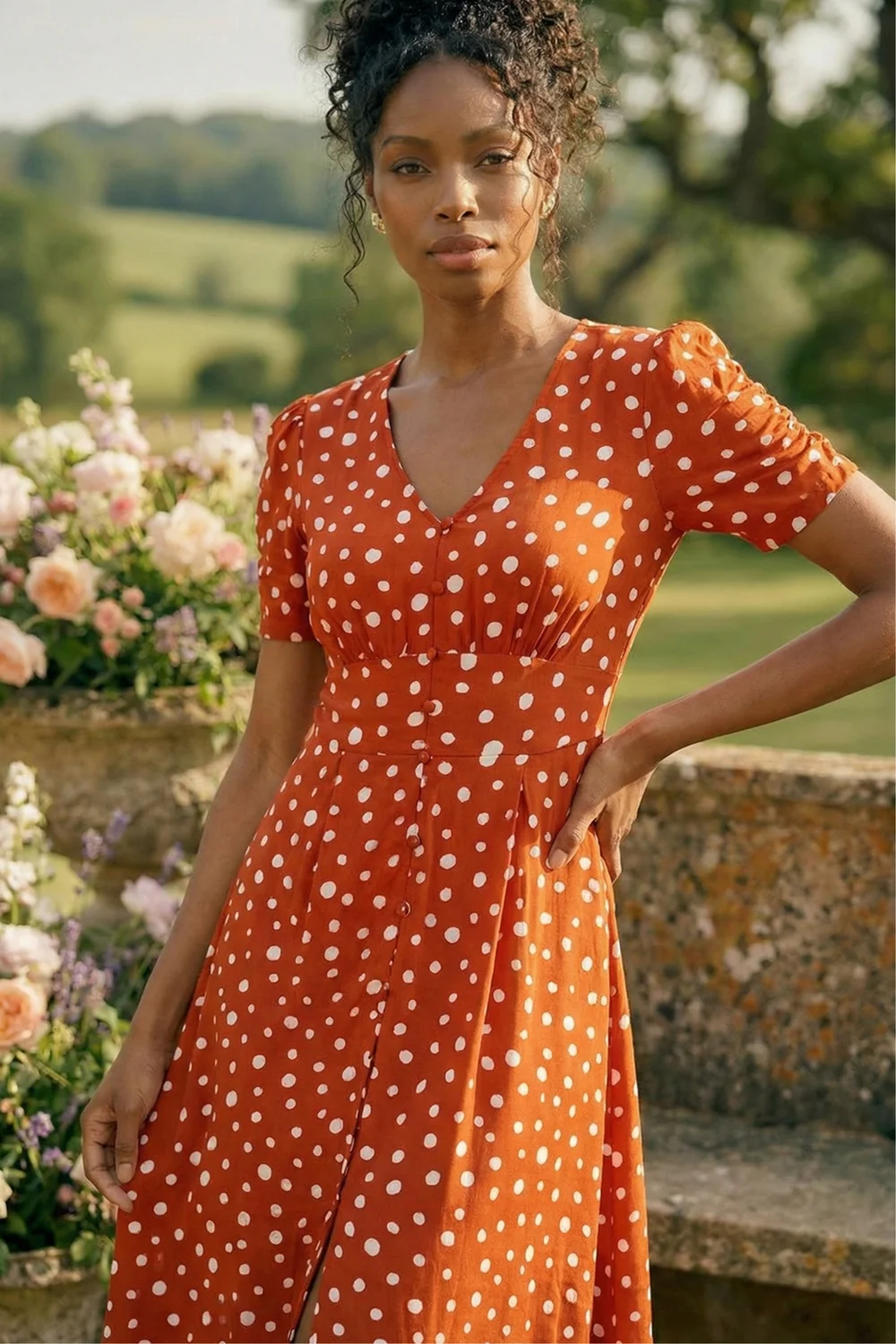 Roman Dark Orange Polka Dot Ruched Sleeve Midi Dress - 10 Image 1