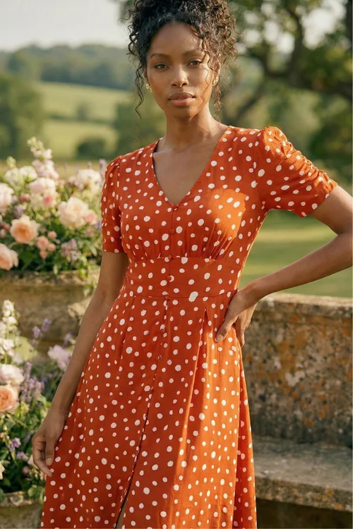 Roman Dark Orange Polka Dot Ruched Sleeve Midi Dress - 10 Image 1