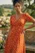 Roman Dark Orange Polka Dot Ruched Sleeve Midi Dress - 10 Image 1
