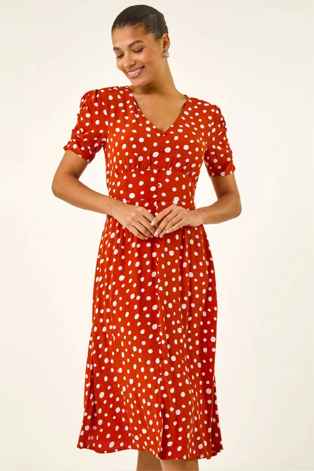 Roman Dark Orange Polka Dot Ruched Sleeve Midi Dress - 10 Image 2