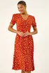 Roman Dark Orange Polka Dot Ruched Sleeve Midi Dress - 10 Image 2