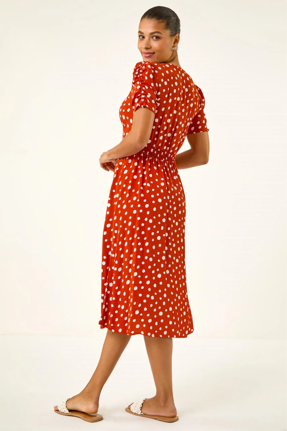 Roman Dark Orange Polka Dot Ruched Sleeve Midi Dress - 10 Image 4