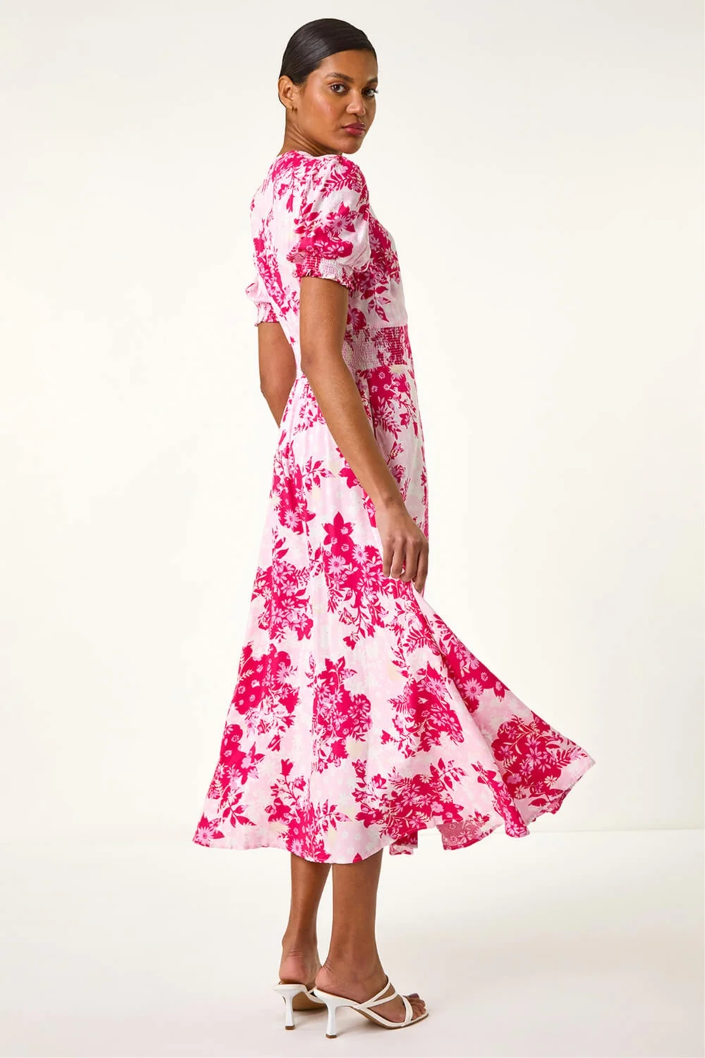 Roman Pink Floral Print Button Through Midi Dress - 12 Image 3