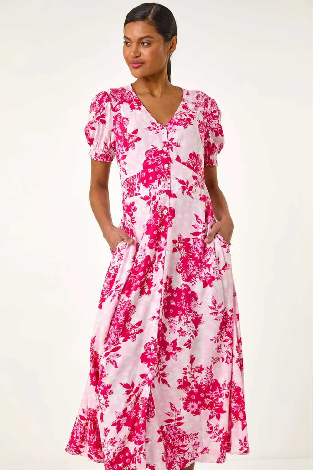 Roman Pink Floral Print Button Through Midi Dress - 12 Image 1