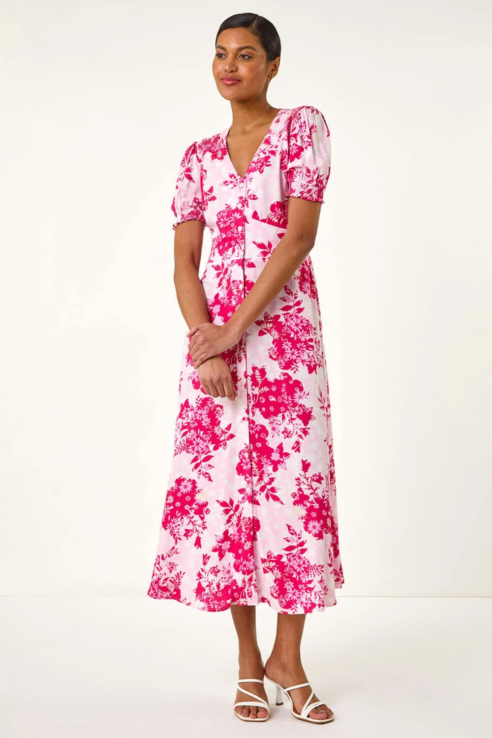 Roman Pink Floral Print Button Through Midi Dress - 12 Image 2