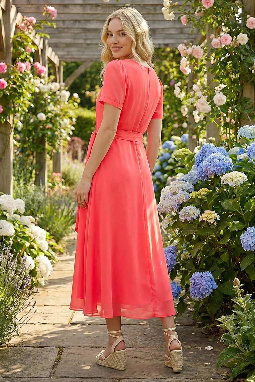 Roman Coral Pleat Chiffon Belted Midi Dress - 20 Image 3
