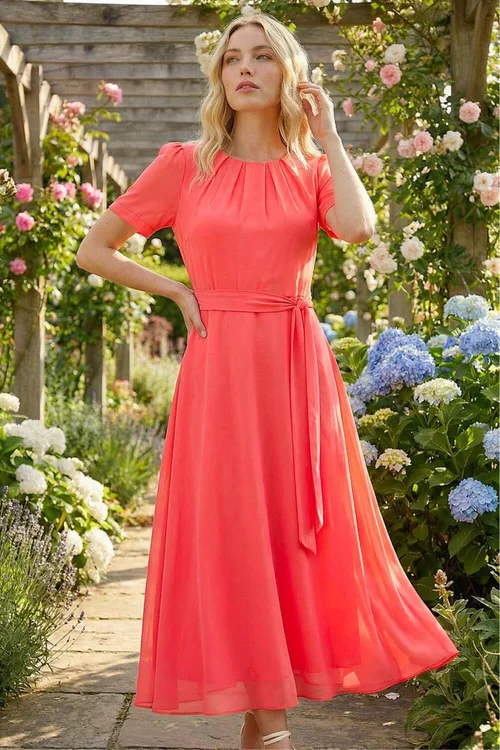 Roman Coral Pleat Chiffon Belted Midi Dress - 20 Image 2