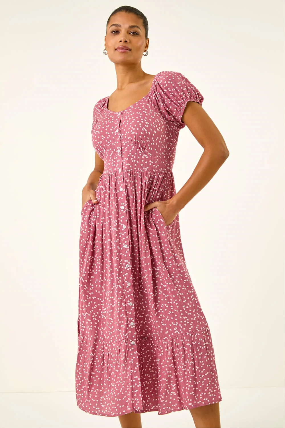 Roman Pink Spotty Heart Button Midi Dress - 20 Image 3
