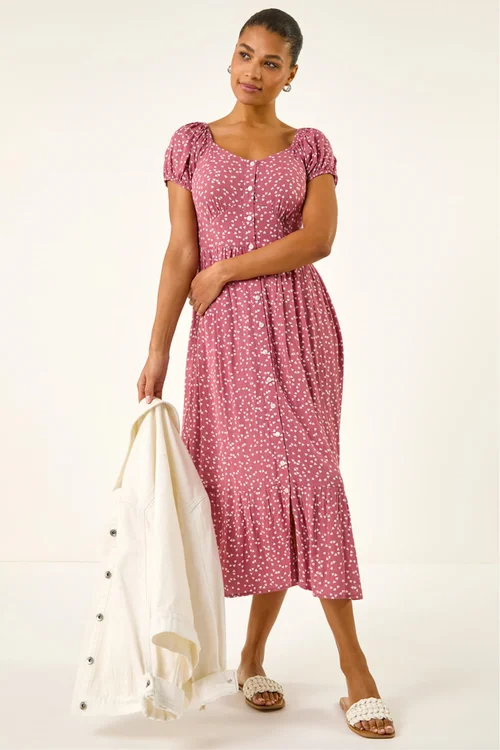 Roman Pink Spotty Heart Button Midi Dress - 20 Image 2