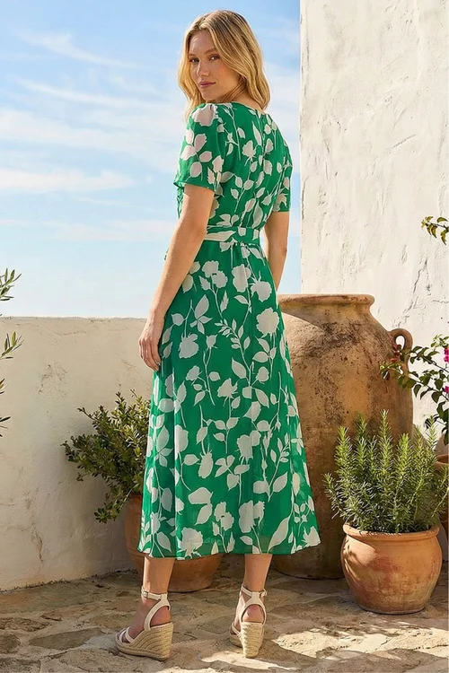 Roman Green Floral Print Pleat Neck Midi Dress - 20 Image 3