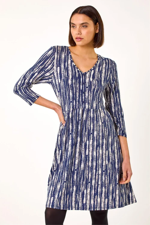 Roman Navy Tie Dye Button Detail V-Neck Dress - 10 Image 2