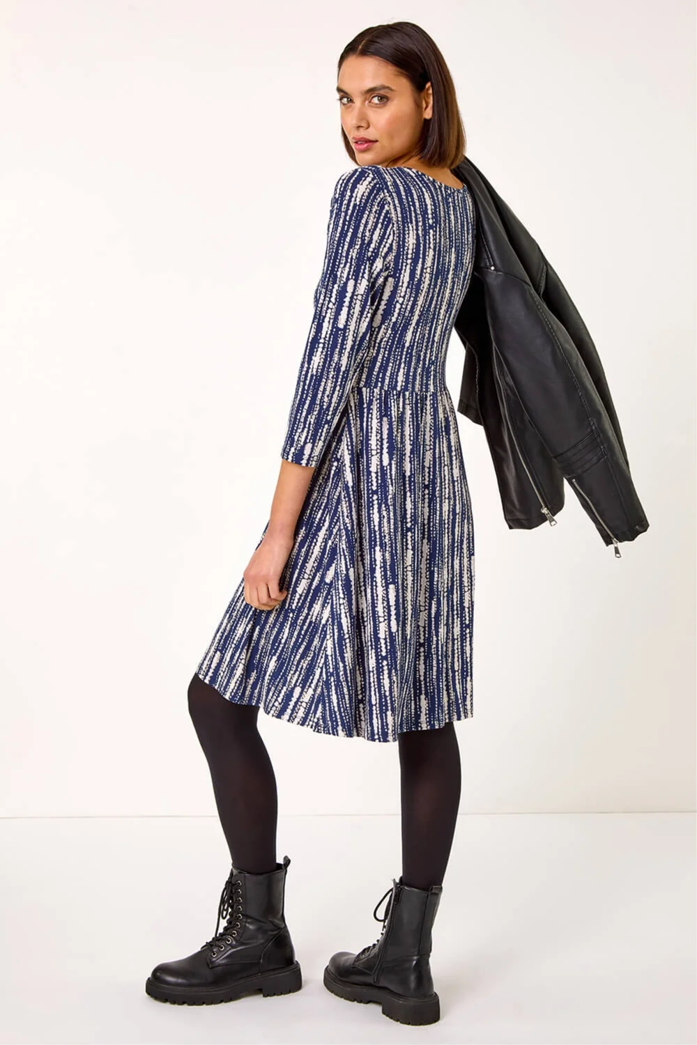 Roman Navy Tie Dye Button Detail V-Neck Dress - 10 Image 3
