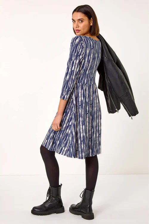 Roman Navy Tie Dye Button Detail V-Neck Dress - 10 Image 3