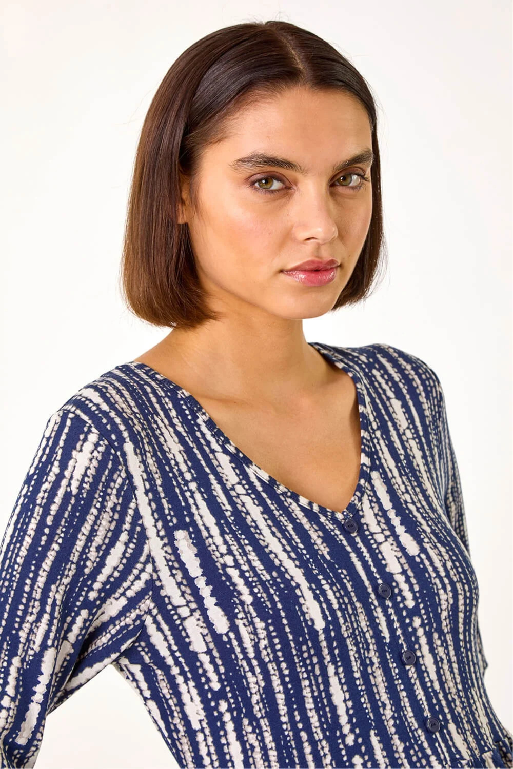 Roman Navy Tie Dye Button Detail V-Neck Dress - 10 Image 4