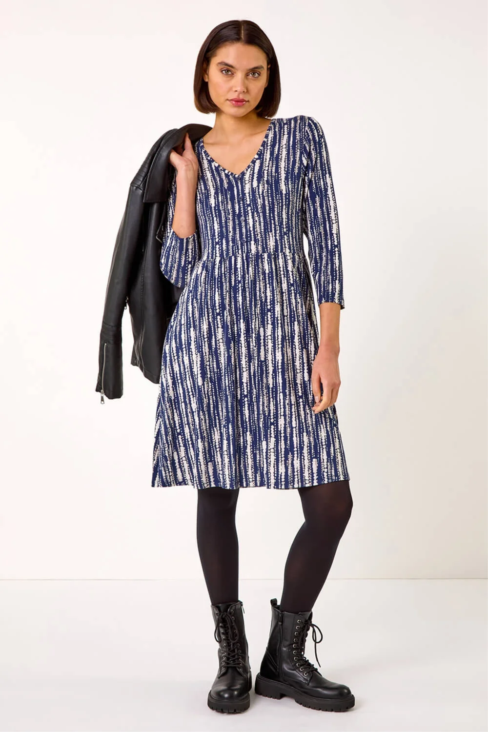 Roman Navy Tie Dye Button Detail V-Neck Dress - 10 Image 1