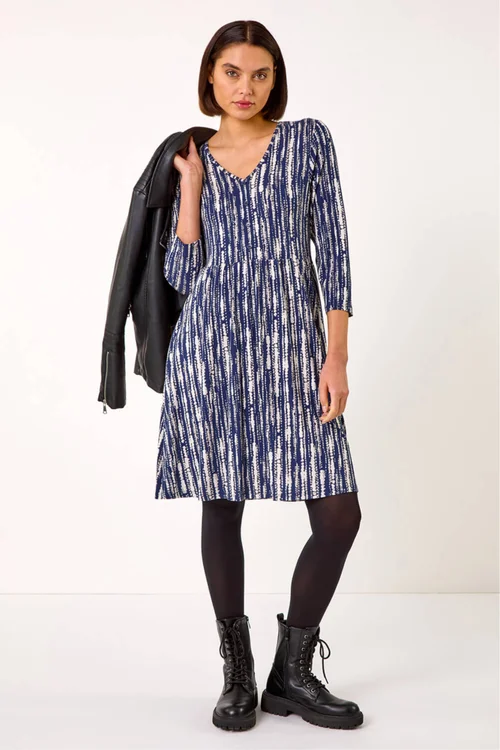 Roman Navy Tie Dye Button Detail V-Neck Dress - 10 Image 1
