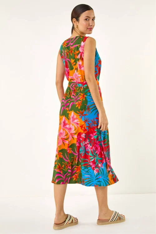 Roman Orange Tropical Print Button Through Midi Dress - 20 Image 3