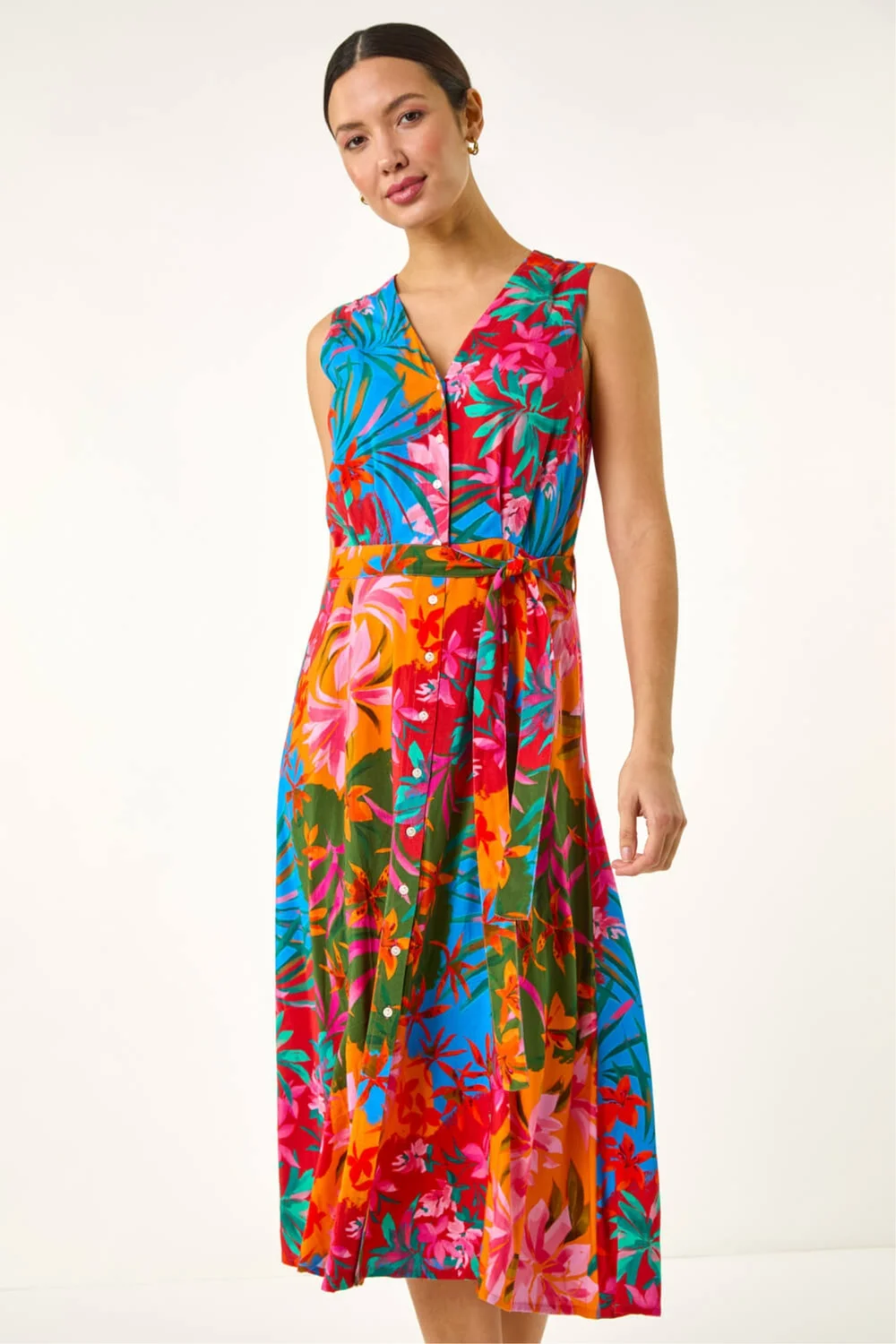 Roman Orange Tropical Print Button Through Midi Dress - 20 Image 4