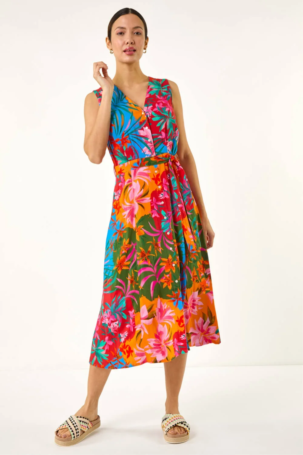 Roman Orange Tropical Print Button Through Midi Dress - 20 Image 2
