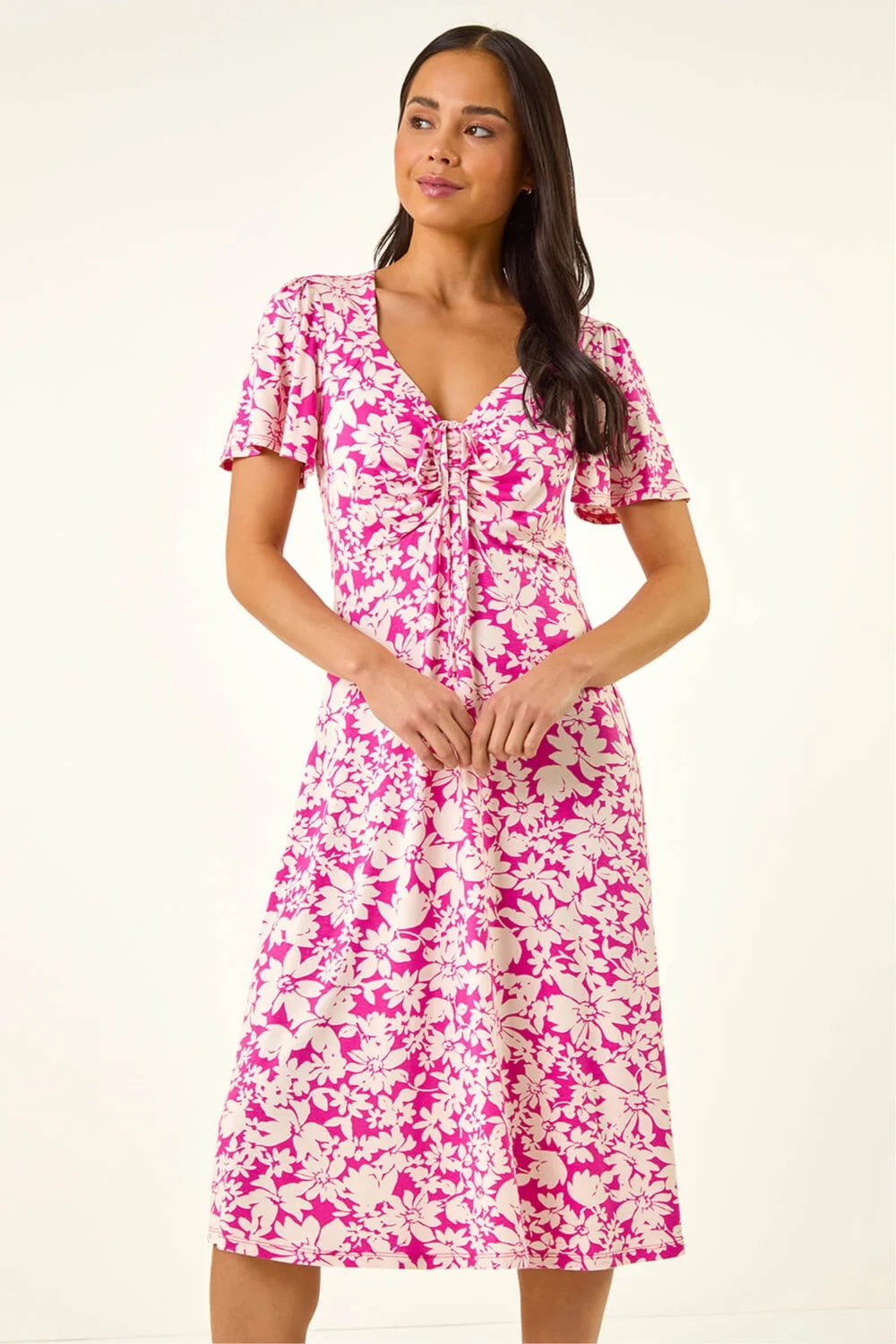Roman Pink Petite Floral Ruched Stretch Midi Dress - 10 Image 2