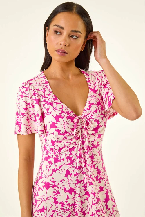 Roman Pink Petite Floral Ruched Stretch Midi Dress - 10 Image 4