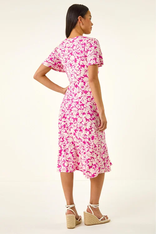 Roman Pink Petite Floral Ruched Stretch Midi Dress - 10 Image 3