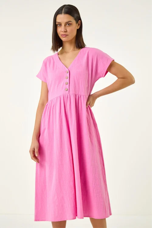 Roman Pink Linen Look Button Midi Dress - 10 Image 2