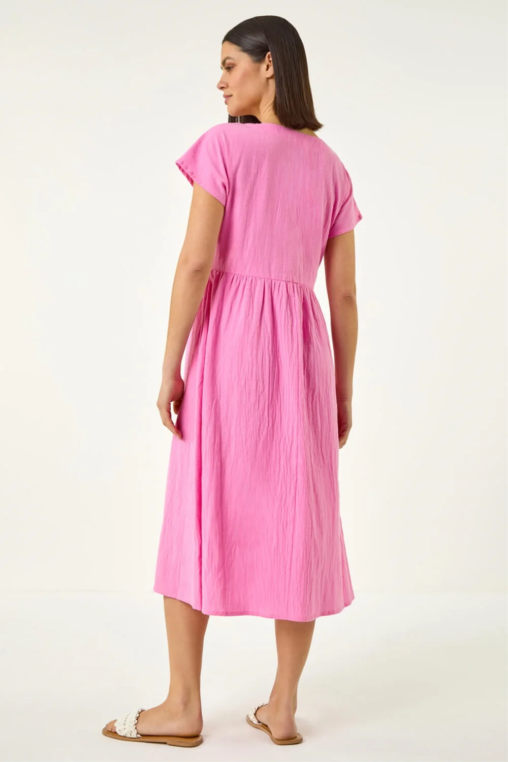 Roman Pink Linen Look Button Midi Dress - 10 Image 3