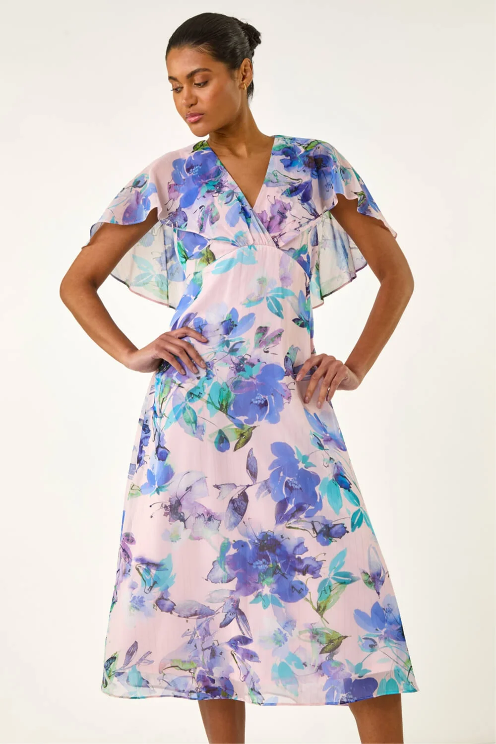 Roman Lilac Floral Print Cape Back Midi Dress - 16 Image 2