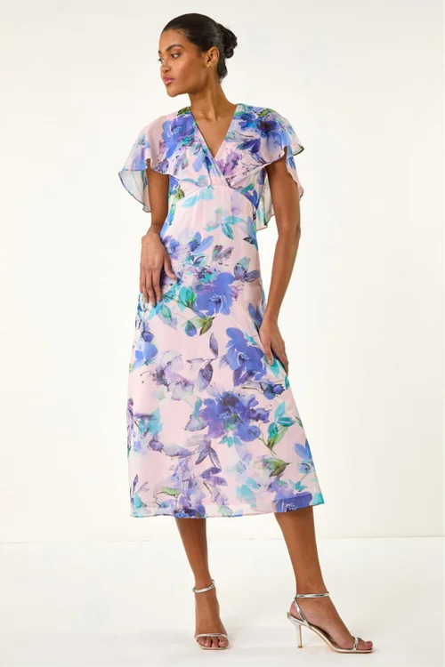 Roman Lilac Floral Print Cape Back Midi Dress - 16 Image 3