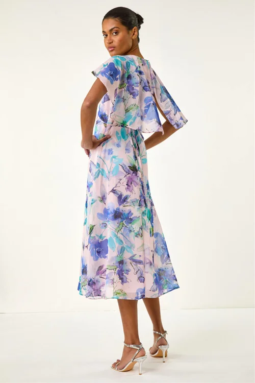 Roman Lilac Floral Print Cape Back Midi Dress - 16 Image 4