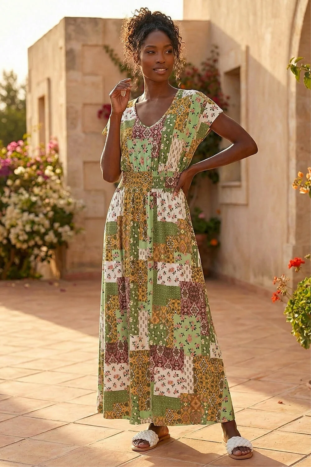 gini london green floral print maxi dress Gini London Green Petal Cuff Elasticated Waist Maxi Dress - 8