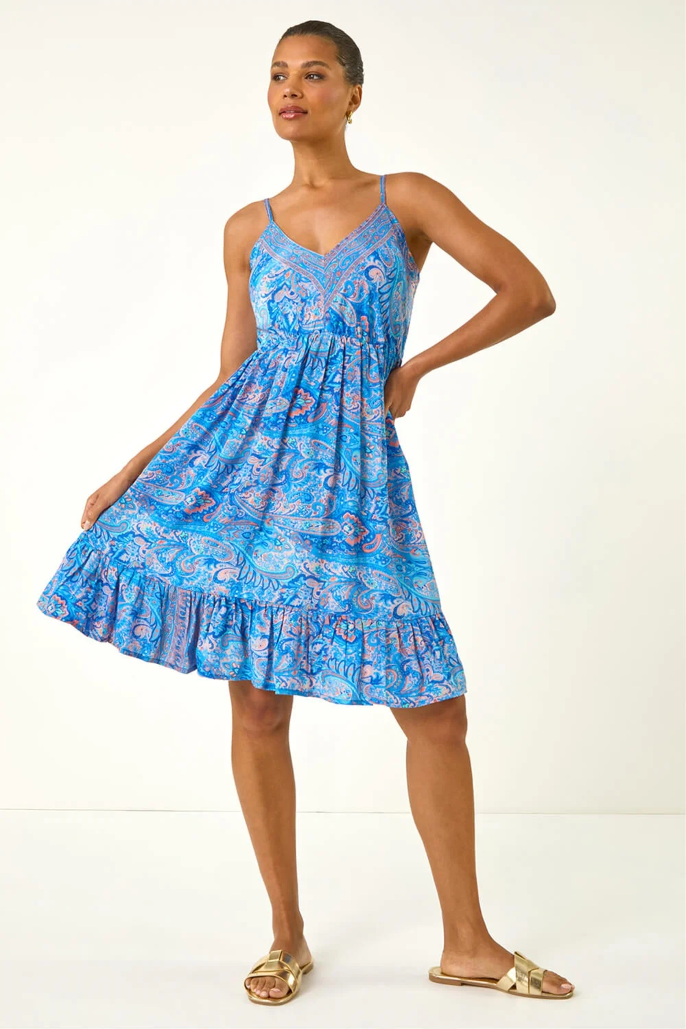 Roman Blue Paisley Print Strappy Frill Dress - 10 Image 2