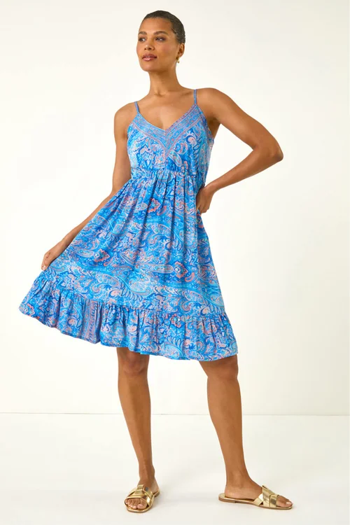 Roman Blue Paisley Print Strappy Frill Dress - 10 Image 2